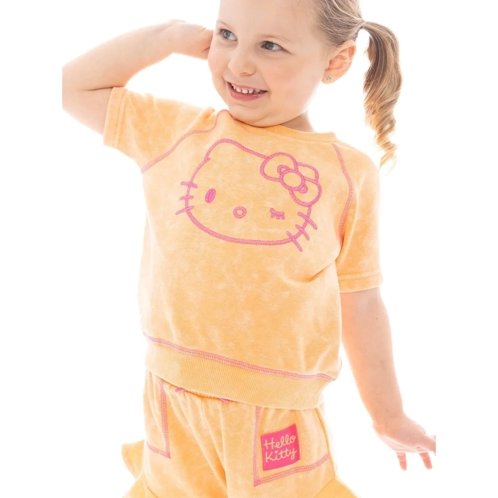 NWT Hello Kitty Peachy Orange and Pink Embroidered Shirt & Short Set Size 4T